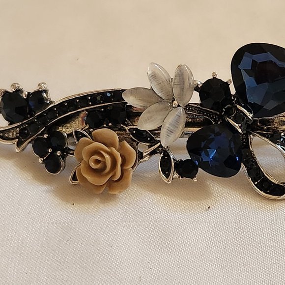 Vintage Silver Crystals Flower Hair Clip Barrette - Picture 3 of 3